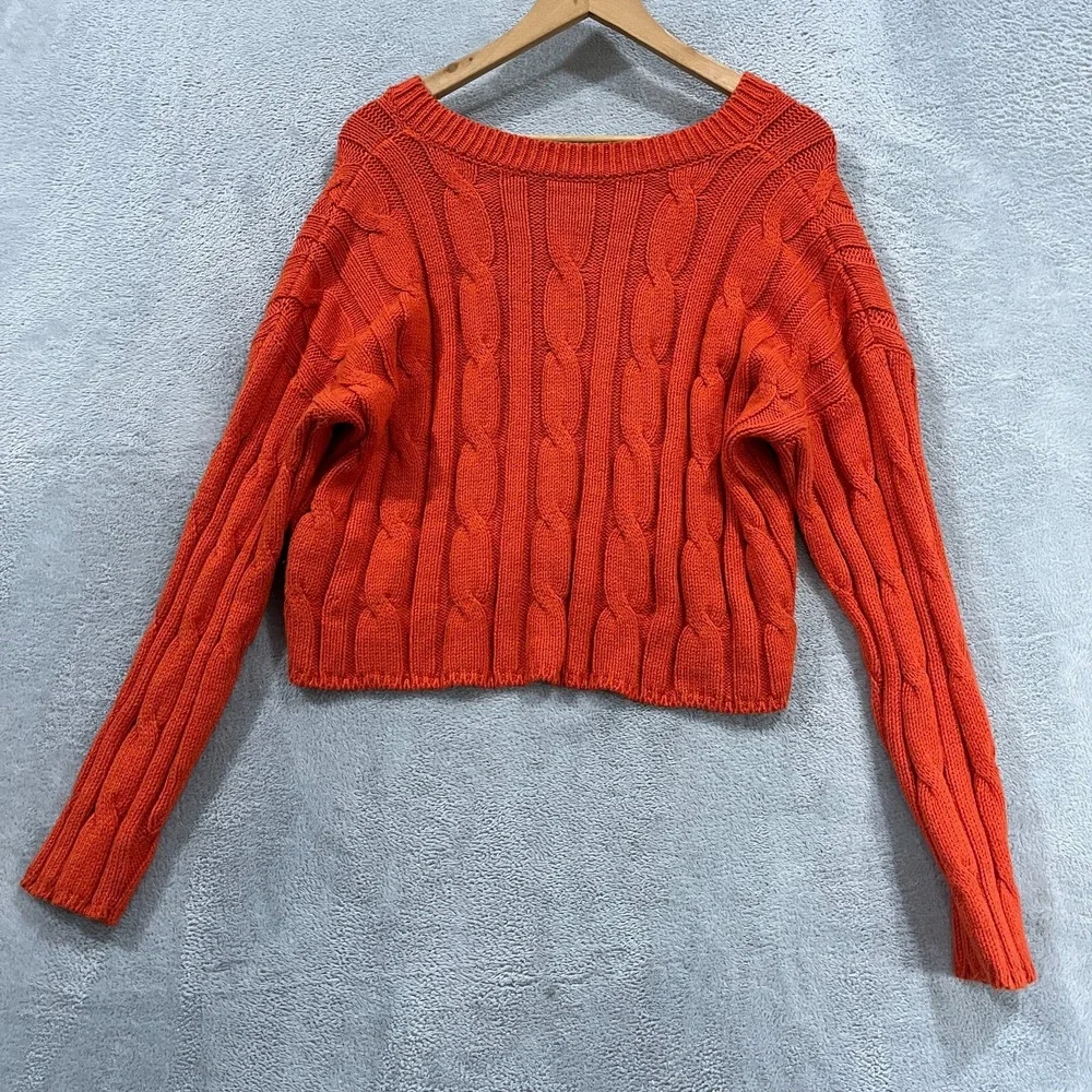 Madewell Sweater Womens Large Orange Cotton Blend Cable Knit Pullover‎ Cottage